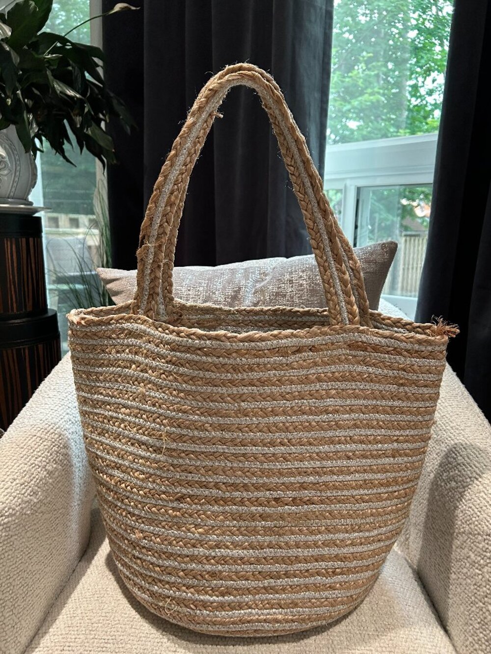 Natural Jute Silver Metallic Stripe Woven Tote Bag